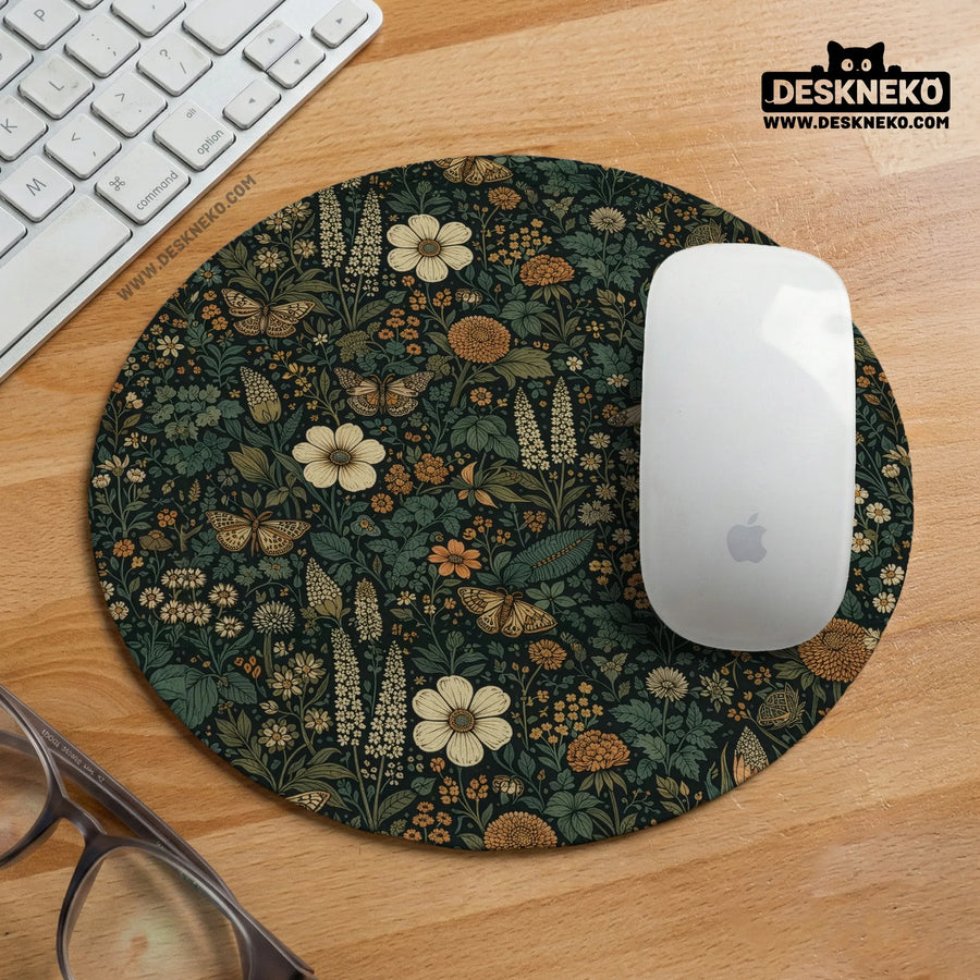 Dark Floral Cottagecore Desk Mat with Botanical Butterflies - Deskneko