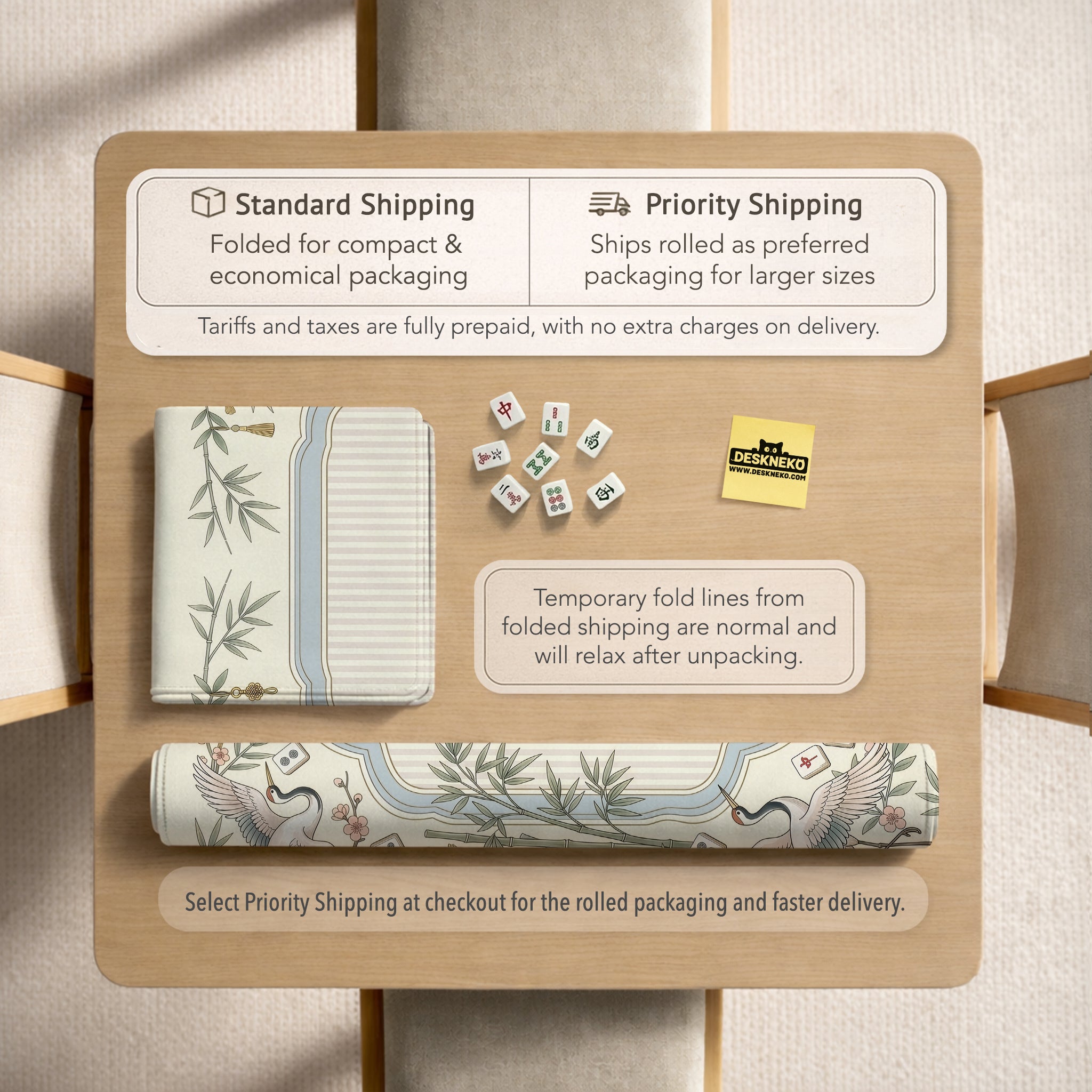 Folded and rolled Mahjong mat shipping options